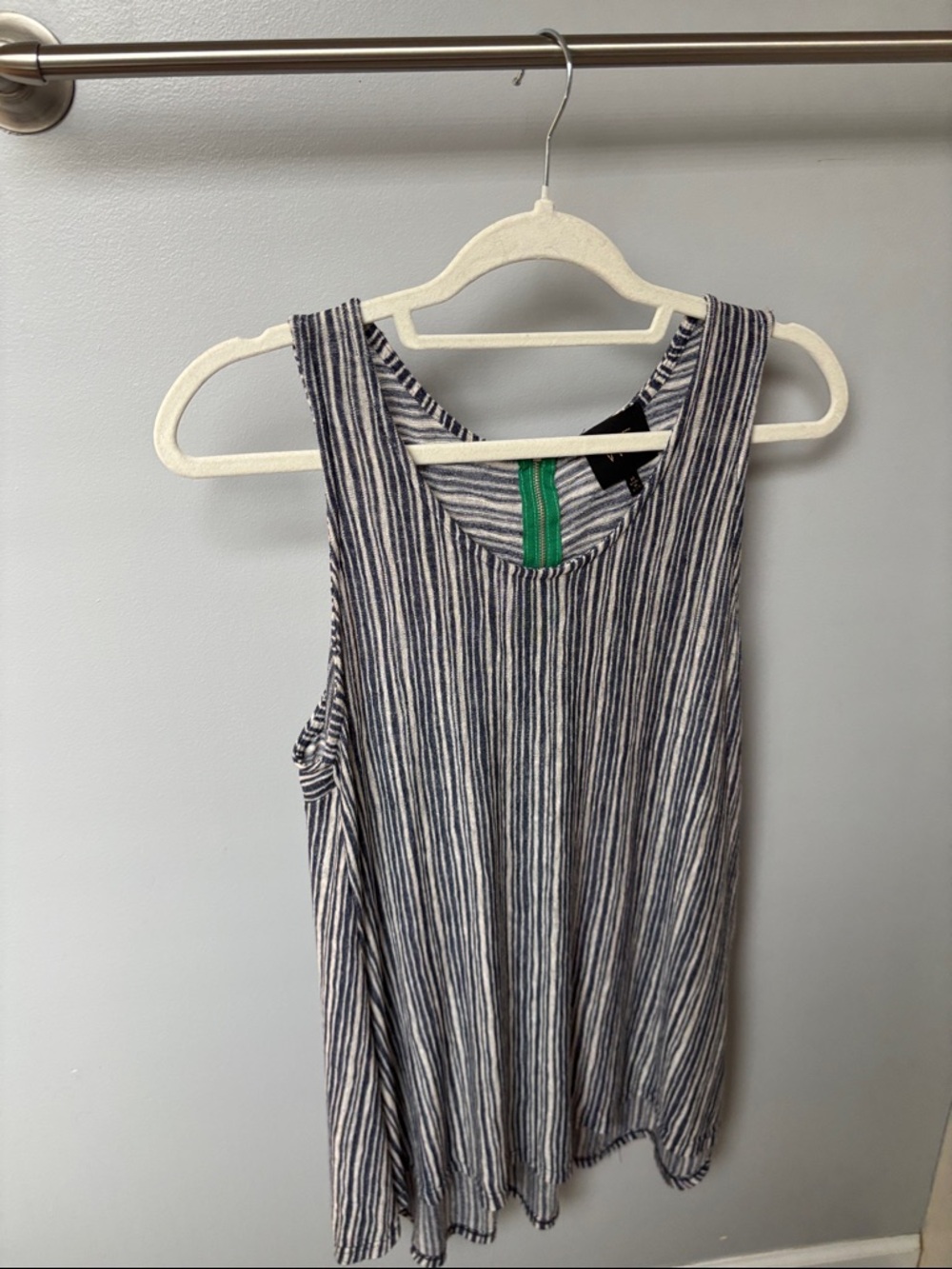 W5 Blue and White Striped Tank Top with Green Accent